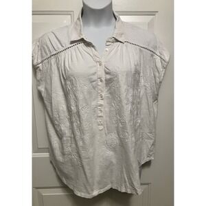 DYLAN Anthro Women's White Floral Embroidered Cotton Shirt Top Blouse‎ Size XL